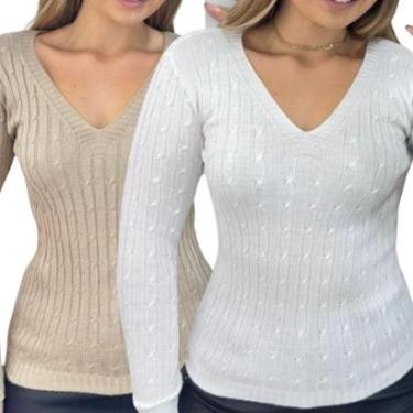 Imagem de Kit 2 Blusas Industrie Femininas Suéter Malha Tricô Bege e Manga Longa Tamanho:Único;Cor:-Feminino