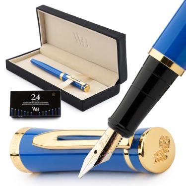 Imagem de Wordsworth & Black Conjunto de canetas-tinteiro, ponta larga dourada 18K, inclui 24 cartuchos de tinta, conversor de refil de tinta e caixa de presente, acabamento dourado, caligrafia, [azul imperial], perfeito para homens e mulheres