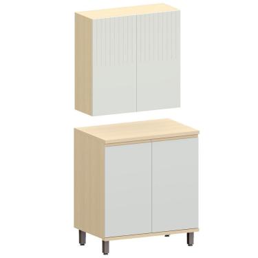 Imagem de Kit Armário Aéreo E Balcão 2 Portas 80 Cm Aurora Cinza Cristal Pet/cinza Cristal