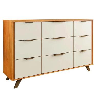 Imagem de Cômoda Olimpia 9 Gavetas em MDF com Puxador Metálico Bronze Off White e Peroba 136cm