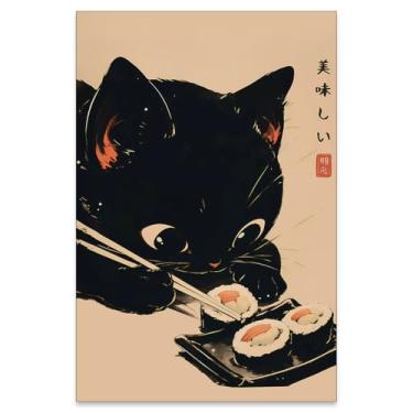 Imagem de Heltrappe Pôster em tela japonês fofo gato preto animal comida deliciosa arte de parede sushi vintage impressões estéticas exclusivas para cozinha sala de jantar decoração de parede 40 x 61 cm sem