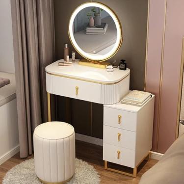 Imagem de Conjunto De Mesa De Vestir, 3 Modos De Iluminação De Cores, Penteadeira De Maquiagem Com 4 Gavetas & Banco, Mesa Organizadora De Armazenamento De Cosméticos Para Quarto, White+gray, L:60cm/23.6 inch