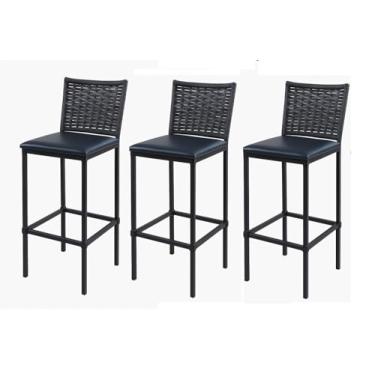Imagem de Conjunto 3 Banquetas Turquia Alta em Aço com Assento Estofado e Encosto de Junco Preto
