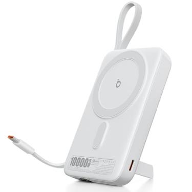 Imagem de Basike Carregador Portátil Indução, Power Bank 10000mAh com Suporte Integrado, Ultrafino e Portátil, Carregamento Rápido Sem Fio 15W(MAX) + Cabo Tipo C 22.5W(MAX) Compatível com MagSafe (Branco)