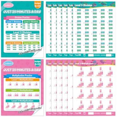 Imagem de Livro de exercícios de multiplicação e divisão, planilhas matemáticas de dois e três dígitos para grau 2-5, planilhas de prática de multiplicação e divisão para idades de 7 a 11 anos, 2 pacotes para