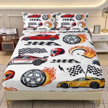 Imagem de AILONEN Jogo de lençol solteiro de carro de corrida infantil, tamanho GG, caminhão de construção de veículos para meninos e adolescentes, 3 peças, lençol com elástico macio com 2 fronhas
