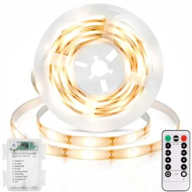 Imagem de echosari Fita de luz operada por bateria, fita de luz de 2700 K com temporizador autoadesivo, controle remoto ajustável regulável para escadas internas, armários, prateleiras, TV, decoração de casa