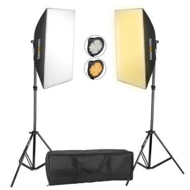 Imagem de Kit com 2 Softbox 50x70, Com Iluminação De LED Bicolor + 2 Tripés E Bolsa