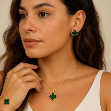 Imagem de Conjunto Trevo banhado a ouro 18k - Genérica, Verde