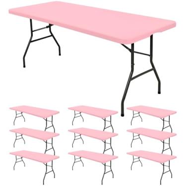Imagem de Pacote com 10 toalhas de mesa ajustadas para mesas retangulares de 1,8 m, capa de mesa rosa elástica para piquenique ao ar livre, toalhas de mesa dobráveis laváveis de 1,8 m para acampamento, festa