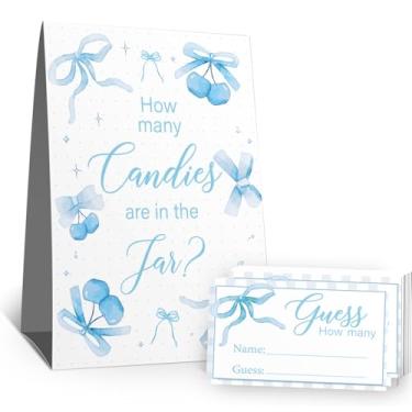 Imagem de Placa Guess How Many Candies (1 placa de pé - 50 cartões de adivinhação) Kit de cartões de atividades com tema de arco rosa para chás de bebê, festas de recém-nascidos, chá de panela, noivado, chá de