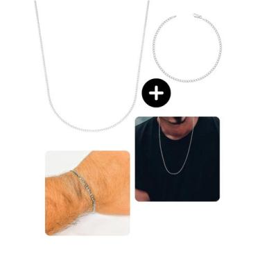 Imagem de Kit Corrente Cordão 70Cm + Pulseira Masculina Prata Fita - Visujoias