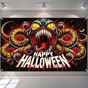 Imagem de BlissYard Pano de fundo Happy Halloween com tentáculos de monstros assustadores 188 x 109 cm, banner para decoração de festa de Halloween, decoração de casa mal-assombrada, suporte de cabine de fotos