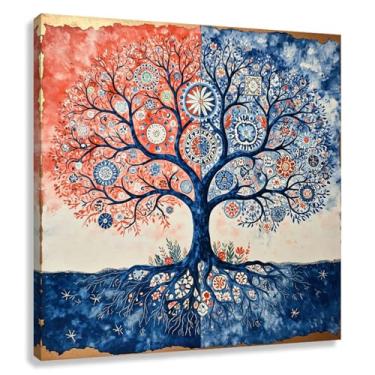 Imagem de Árvore da Vida Arte de Parede Impressão em Tela Equilíbrio da Vida Decoração Símbolo Espiritual Pintura Sala de Estar Vermelho Azul 50x50cmx1