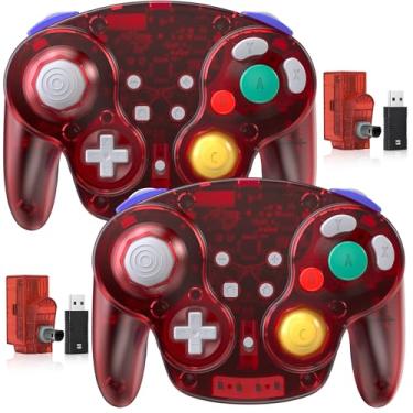 Imagem de 2 Pack 2.4 GHz Wireless GameCube Switch2 Pro Controller, for NGC GameCube Console, Switch/Switch OLED/ Switch2, PC, Steam Deck, PC (Built-in Rumble) (Rechargeable) (Plug and Play) Clear Red