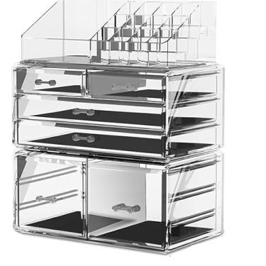 Imagem de HTXsky Organizador profissional de cosméticos de maquiagem com 12 gavetas - Estojo de armazenamento portátil grande e caixa de exibição para mulheres, produtos de beleza de bancada (transparente)