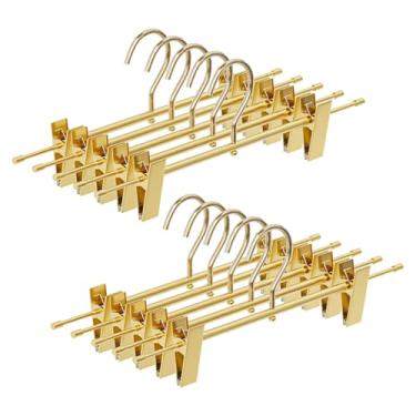 Imagem de Cabides de calça de alumínio dourado fosco, pacote com 10, cabides leves para saia com ganchos giratórios de 360° e clipes ajustáveis antiderrapantes para calças, saias, jeans, crianças e adultos