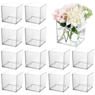Imagem de 12 vasos quadrados de acrílico para centros de mesa – Vaso de flores quadrado transparente de 10 x 10 cm, recipiente de plástico para flores, centros de mesa, escritório, casa, mesa, casamento, planta