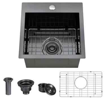 Imagem de Pia de cozinha de tigela única cinza escuro com grade inferior protetora pequena para uso externo Rv pia de aço inoxidável para cozinha (38 x 38 x 23 cm)