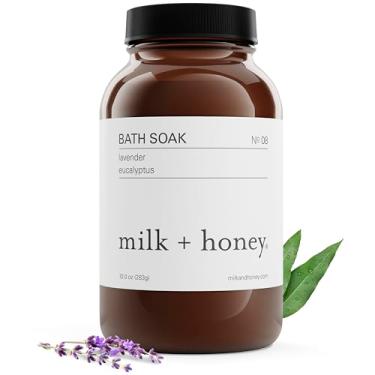 Imagem de milk + honey Banho calmante nº 8 – Sal hidratante de Epsom com lavanda e eucalipto – Relaxante imersão de aromaterapia para músculos doloridos, pele seca e alívio do estresse – 283 g