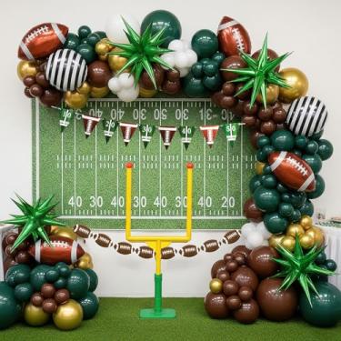 Imagem de Football Balloon garland arch kit White gold Balloons with large mylar star balloons and Football Banner for sport theme super league touch down birthday decorations (Dark green coffee)