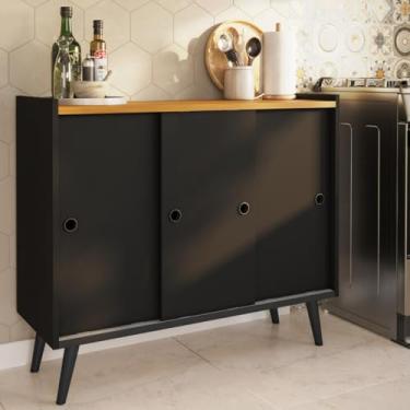 Imagem de Balcão de Cozinha com Trilhos Deslizantes para Portas de Correr Aparador para Sala De Tres Portas Deslizantes (Preto e Nature)