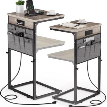 Imagem de Vagusicc Conjunto de 2 mesas de canto em forma de C com estação de carregamento, mesa lateral pequena para sofá, mesa lateral de sofá de altura ajustável, bandeja de TV para sala de estar, quarto