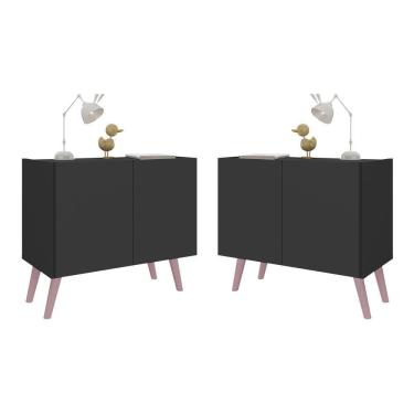 Imagem de Kit 2 Mesas De Cabeceira Retrô 2 Portas Multimóveis Mp4138 Preto/rosa Preto/rosa