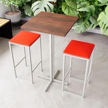 Imagem de Conjunto Mesa Alta Bar Bistrô Quadrada Imbuia 2 Bancos Estofado Indust