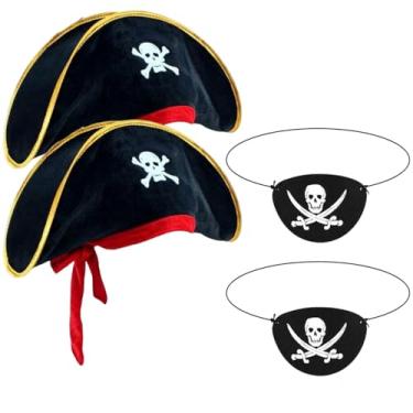 Imagem de Tiny Chou 2 peças de chapéu de pirata, boné de fantasia de capitão pirata com estampa de caveira, acessórios de pirata com tapa-olho, cosplay de Halloween