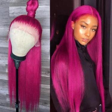 Imagem de Perucas frontais de renda sintética Maycaur Long Straight Hot Pink