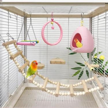 Imagem de Conjunto de brinquedos de papagaios de 7 peças – escada de madeira natural, escada giratória colorida, suportes de poleiro para pássaros, casa de pássaros com poleiro, acessórios de gaiola para