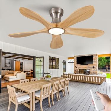 Imagem de Ventiladores de teto de madeira de 106 cm com luzes e controle remoto, ventilador de teto de madeira regulável de 5 lâminas para quarto, ventiladores de teto externos para pátios, ventilador de teto