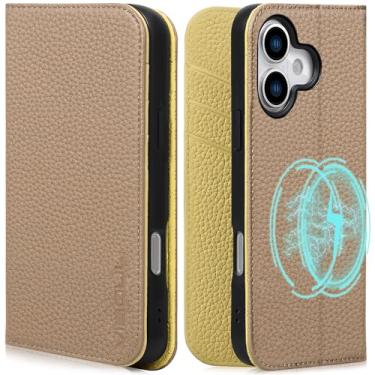 Imagem de VISOUL Capa carteira para iPhone 17 com porta-cartões, capa carteira de couro real com bloqueio de RFID, capa flip fólio projetada para iPhone 17 (6,3 polegadas) - cinza claro + amarelo