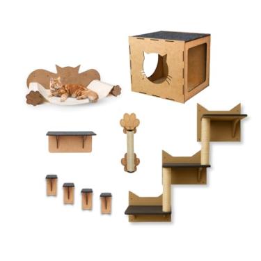 Imagem de BOXFAN Kit Playground para Gatos com 9 Peças em MDF Nicho Prateleira Escalada Rede Suspensa Degraus Arranhador Circuito de Parede para Enriquecimento Ambiental e Gatificação