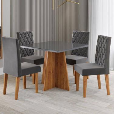 Imagem de Mesa de Jantar 4 Lugares Evah com Vidro Marrom/Grafite/Veludo Cinza - Viero Móveis