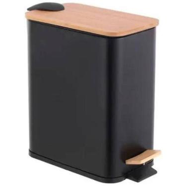 Imagem de Lixeira Metal E Bambu Banheiro Cozinha Quadrada Preta 5L