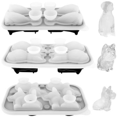 Imagem de 3 bandejas 3D para cubos de gelo para cães, formas divertidas de silicone para cubos de gelo, formato de buldogue labrador corgi, bandeja reutilizável de cubos de gelo com 4 furos para fazer uísque