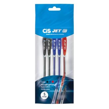 Imagem de Caneta Esferográfica Retrátil CIS Jet RT 0.7mm, Grip Emborrachado – Blister com 3 unidades (2 Azul, 2 Preta e 1 Vermelha)