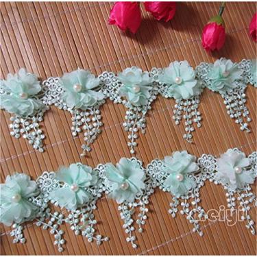 Imagem de Fita de acabamento de renda com miçangas de flor de chiffon 3D de 2,8 m de largura, estilo vintage, 5 cores, acabamento bordado, tecido, costura, artesanato, casamento, festa, decoração (verde)