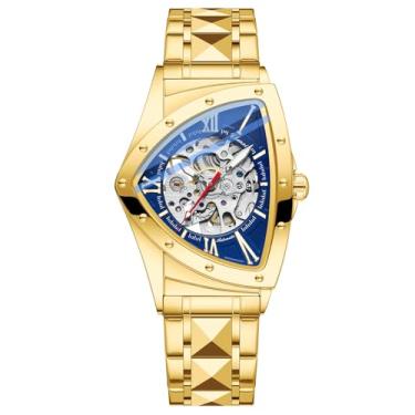 Imagem de Tiong Relógio masculino triangular com esqueleto azul dourado, automático, pulseira de aço inoxidável, relógio esportivo masculino - azul dourado