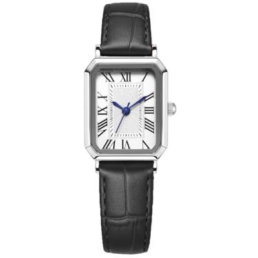 Imagem de Relógio vintage feminino elegante com mostrador retangular romano, caixa ultrafina, pulseira de couro macio, relógio de pulso clássico de quartzo estilo vintage, Preto/B, Casual