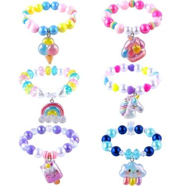Imagem de Niceup Conjunto de pulseiras com pingente de princesa de unicórnio mágico para meninas, pacote com 6, joias com contas elásticas com sorvete, cupcake, arco-íris, picolé, nuvem, pingente para