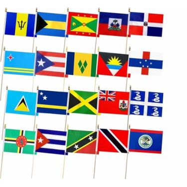Imagem de 20 bandeiras de países caribenhos com mastros de madeira de 32 cm pequena bandeira portátil, pacote com 20, 12,7 x 20,3 cm
