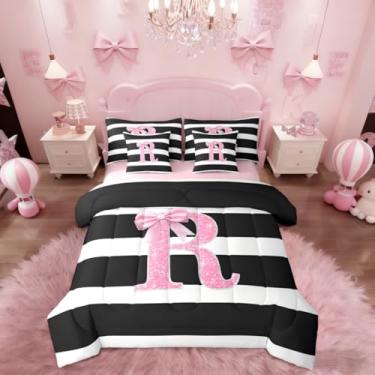 Imagem de Erosebridal Conjunto de edredom infantil casal com letra R com laço rosa, monograma, monograma, preto e branco, para quarto de meninas e mulheres