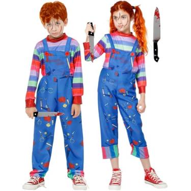 Imagem de POEWAUVE Fantasia infantil clássica do Chucky para meninos e meninas – Fantasia infantil do Chucky, fantasia de Chuckie de Halloween para brincadeiras infantis (11-12 anos)