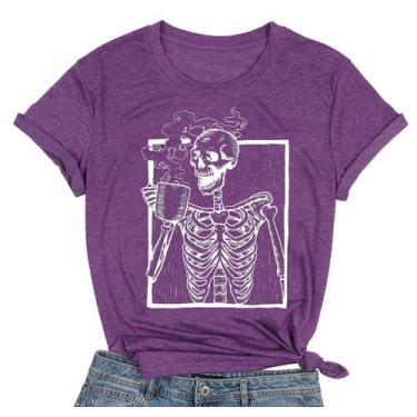 Imagem de Camiseta FCDIED Hot Coffee Skeleton Halloween feminina roxa XL