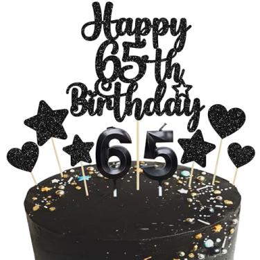Imagem de Gyufise Conjunto de 15 peças de topo de bolo de feliz aniversário de 65 anos com coração estrela glitter Cheers to 65 anos palhetas de bolo número 65 velas decorações de bolo para feliz aniversário de