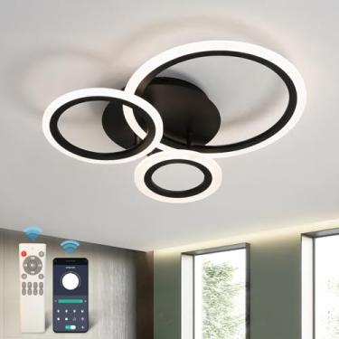 Imagem de Luminária de teto moderna regulável preta com controle remoto 3000 6000K Lustre redondo embutido para quarto, sala de estar, sala de jantar, luminária de teto com 3 anéis