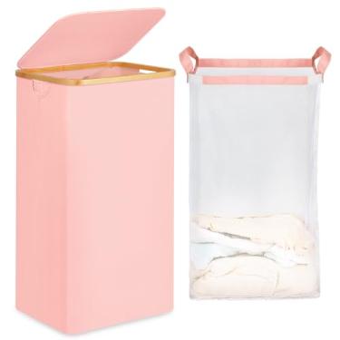 Imagem de Cesta de roupa suja de 66 litros com tampa e saco de rede, cesto de roupa alta com alças de bambu, cesto de roupas sujas estéticas para lavanderia, banheiro, quarto e dormitório, pastel